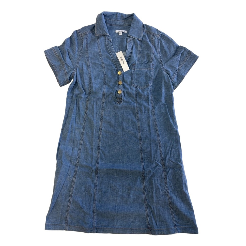Chico's Collar Seam Denim Shirt Dress Size 1 (US M/8) Palm Isle Indigo NWT $159